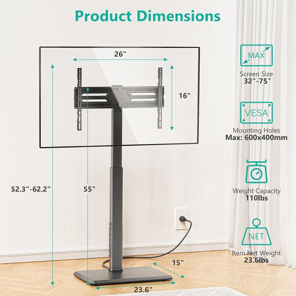 WALI Floor TV Stand with Power Outlet, Tall TV Stand Mount for 32-75 inch TV up to 110 lbs, Swivel and Height Adjustable TV Stands with Wood Base for Bedroom, Living Room(TVDVD-7P), Black