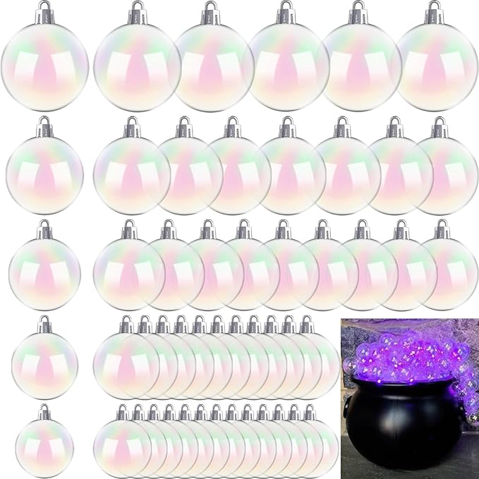 50 PCS Christmas Iridescent Ornaments,Clear Plastic Bubbles Hanging Filled Ornaments,Christmas DIY Hanging Rainbow Ball 5 Different Sizes for Xmas Tree Wedding Party Birthday Home Decorations