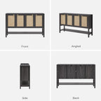 SICOTAS 55" Obsidian Sideboard Buffet Cabinet with Rattan Doors, Modern Industrial Coffee Bar Cabinet with Open Shelf, Black Wood Credenza & Console Table for Entryway, Kitchen, Dining Room