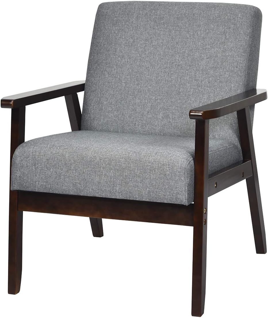GIANTEX Mid-Century Modern Accent Chair, Retro Fabric Armchair, Solid Hardwood Made, Upholstered Linen Lounge Arm Chair for Living Room (1, Dark Grey)