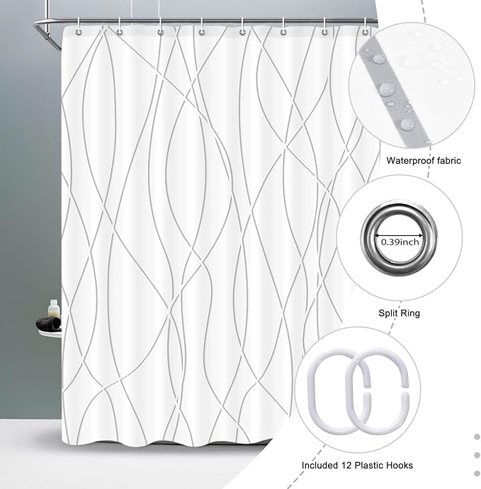 Punkray Grey Shadow Shower Curtain for Bathroom with Hooks, Shower Curtain Set Stripe Bath Curtains Decor White Shower Curtains Weighted Hem Washable, 60 x 72
