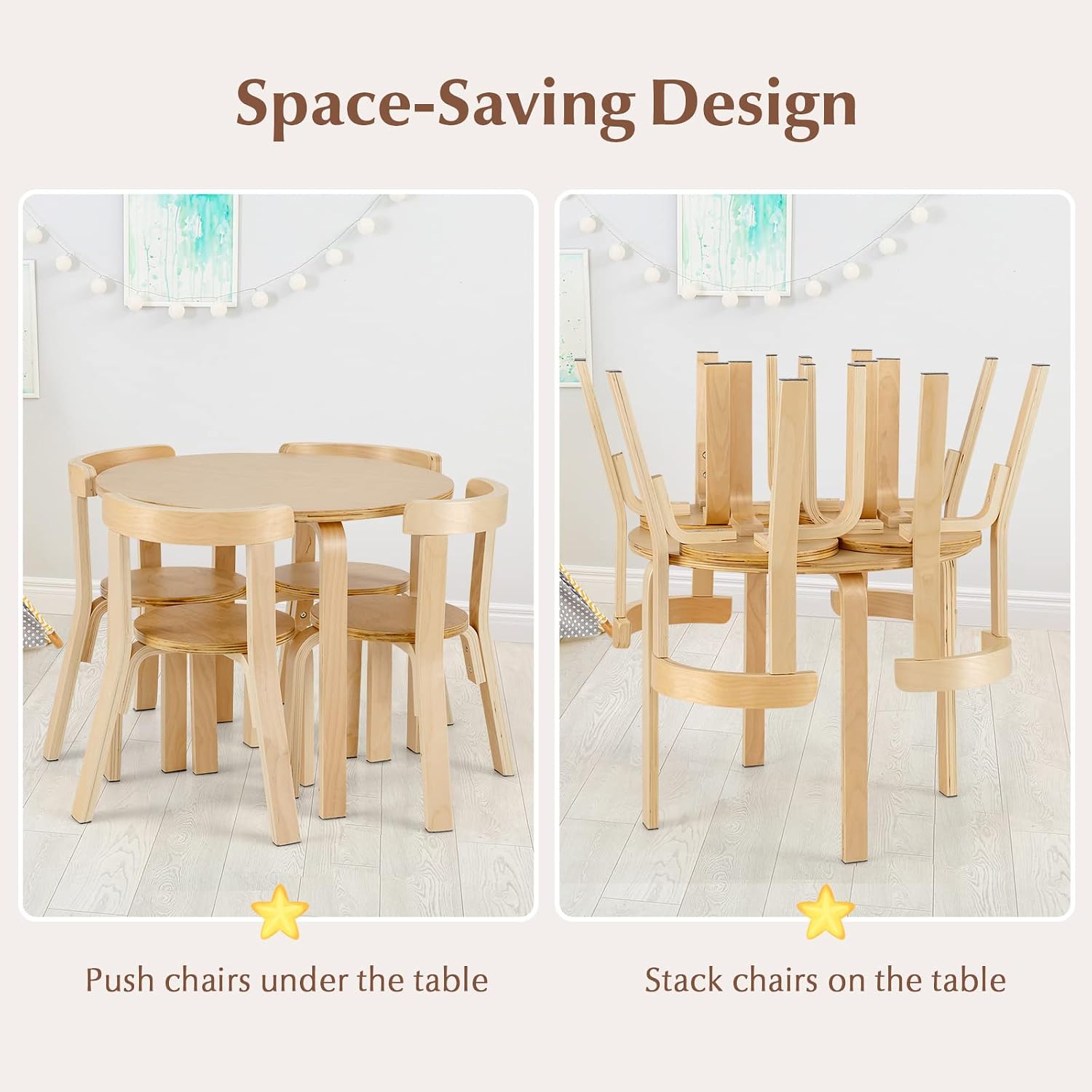GLACER Kids Table and Chairs, Brich Round Toddler Table and Chair Set with Toy Bricks, Smooth Surfaces & Ergonomic Backrest, Activity Desk for Playroom, Classroom, Daycare, or Home Use (Natural)