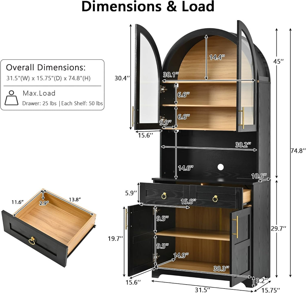 74.8" Tall Arched Kitchen Pantry with Power Outlet & LED Light, Kitchen Storage Hutch with Adjustable Shelves, Tall Cupboard for Dining Room, Bathroom (Black-TA)