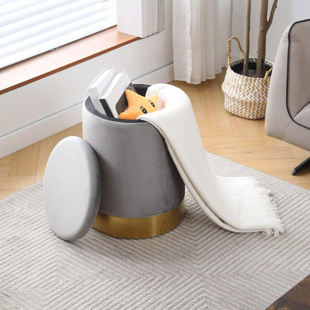 Round Ottoman Set of 2,Upholstered Footrest Stool Support 300lbs,Modern Padded Seat Foot Stool Coffee Table,Vanity Stool with Storage and Metal Legs for Living Room (Grey Velvet)