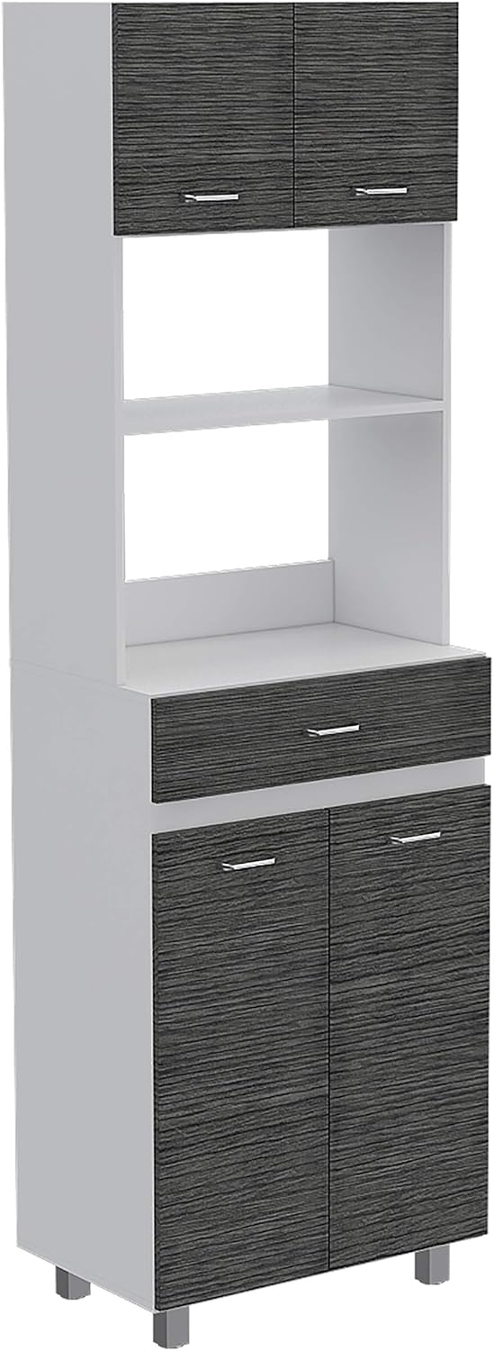 FM FURNITURE Auburn Microwave Pantry with 2 Cabinets, 2 Open Shelves, and Drawer, Smokey Oak/White