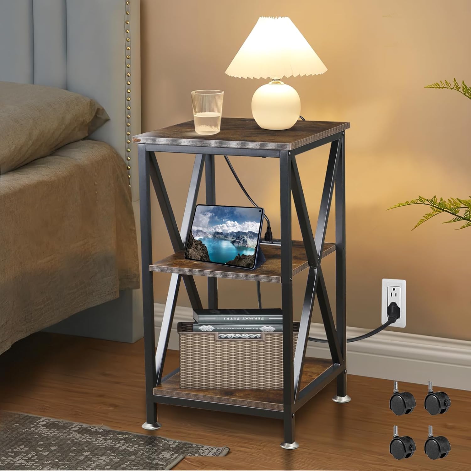 Square End Table with Charging Station, 3-Tier End Table Living Room, 16" D X 16" W X 28" H, Wood and Metal Table with USB Ports and Outlets, Side Table with Wheels for Living Room, Bedroom, Kitchen