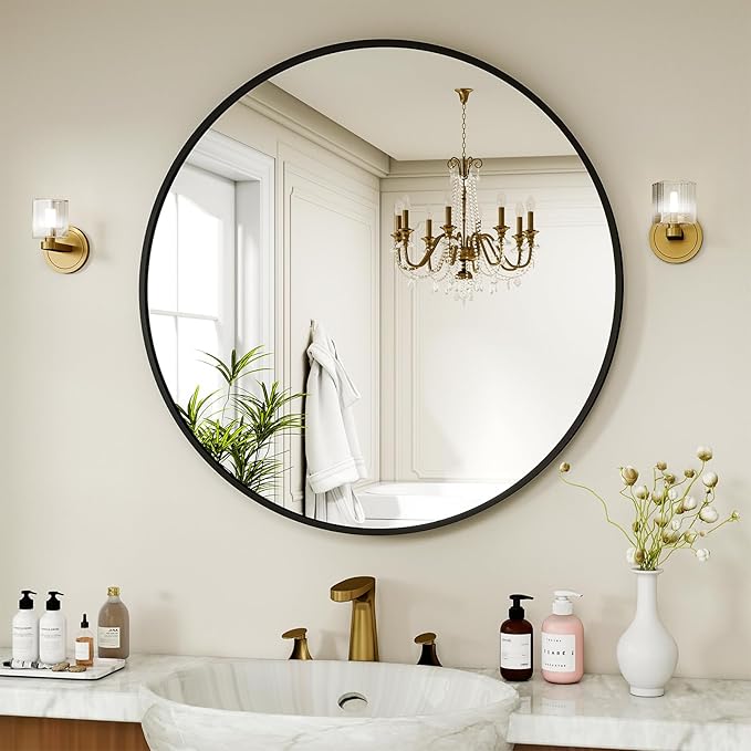 40 Inch Round Mirror - Circle Mirrors for Bathroom, Entryway and Living Room Wall Decor, Modern Hanging Vanity Mirror, Matte Black Circle Decorative Wall Mirror