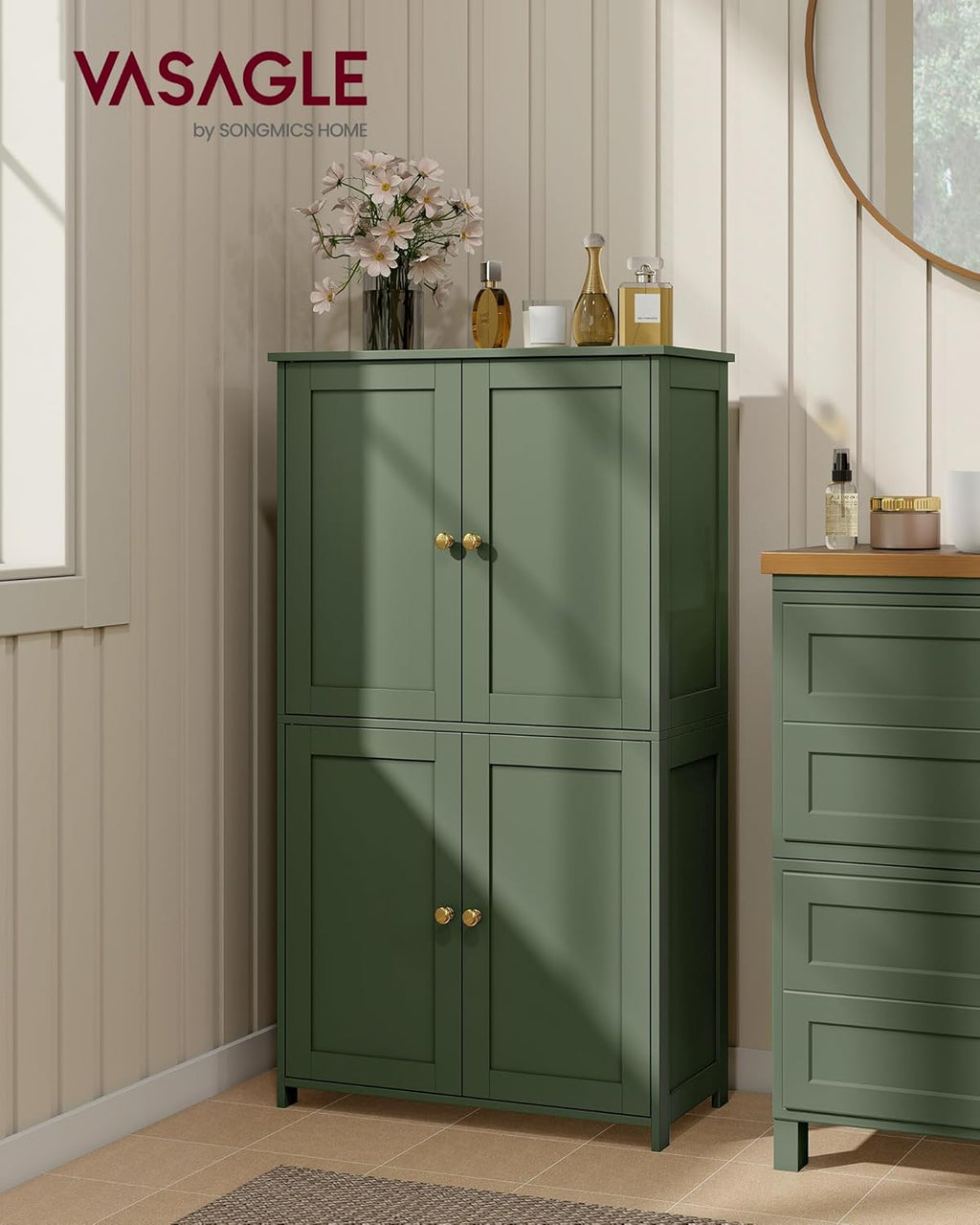 VASAGLE Floor Storage Cabinet, 2 Adjustable Shelves, 4 Doors,42.7" H