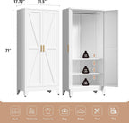 LCAOPC 71" Tall Metal Wardrobe Closet with Adjustable Shelves and Hanging Rod, 2 Doors Free Standing Armoire Wardrobe Cabinet for Bedroom, Office, Laundry Room, White
