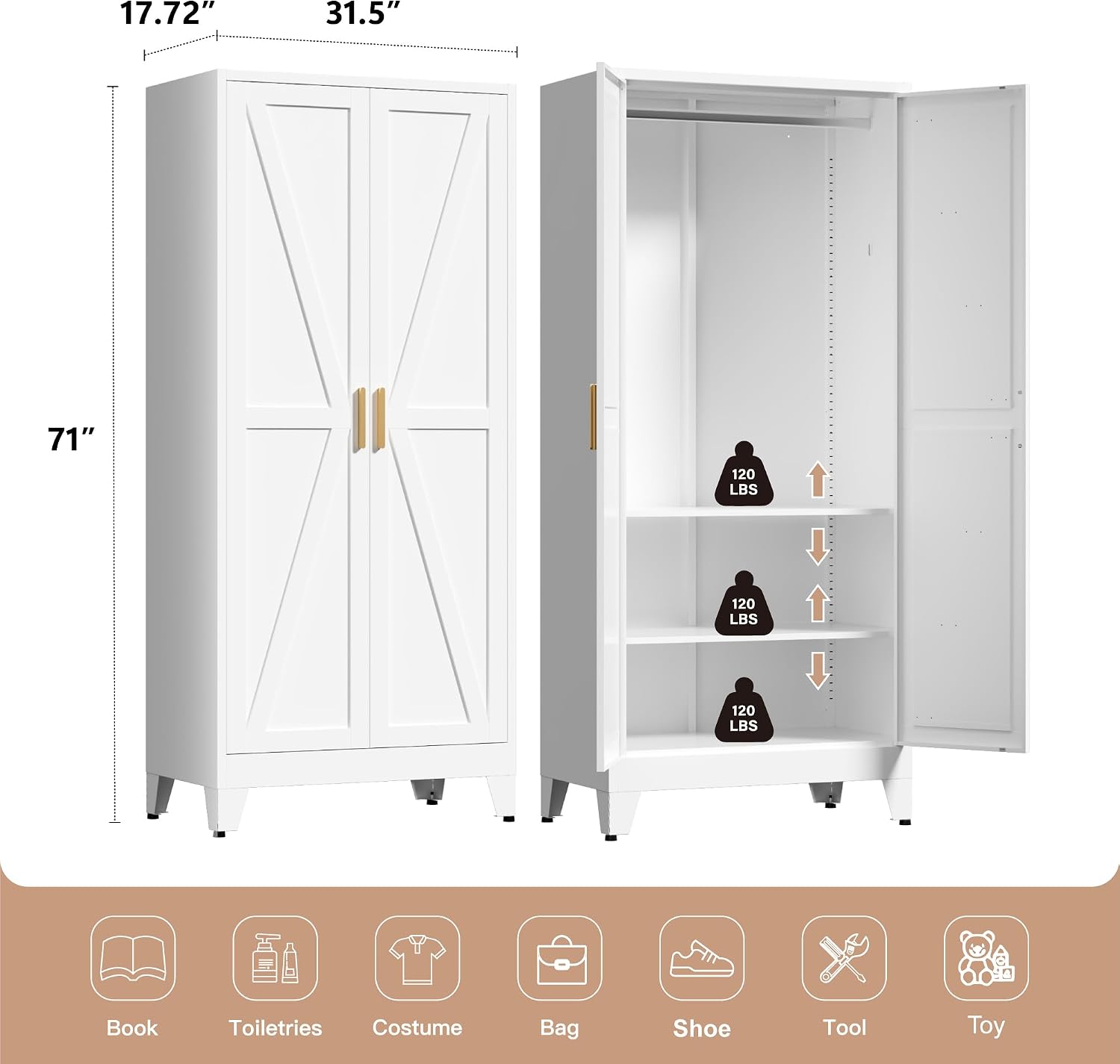 LCAOPC 71" Tall Metal Wardrobe Closet with Adjustable Shelves and Hanging Rod, 2 Doors Free Standing Armoire Wardrobe Cabinet for Bedroom, Office, Laundry Room, White