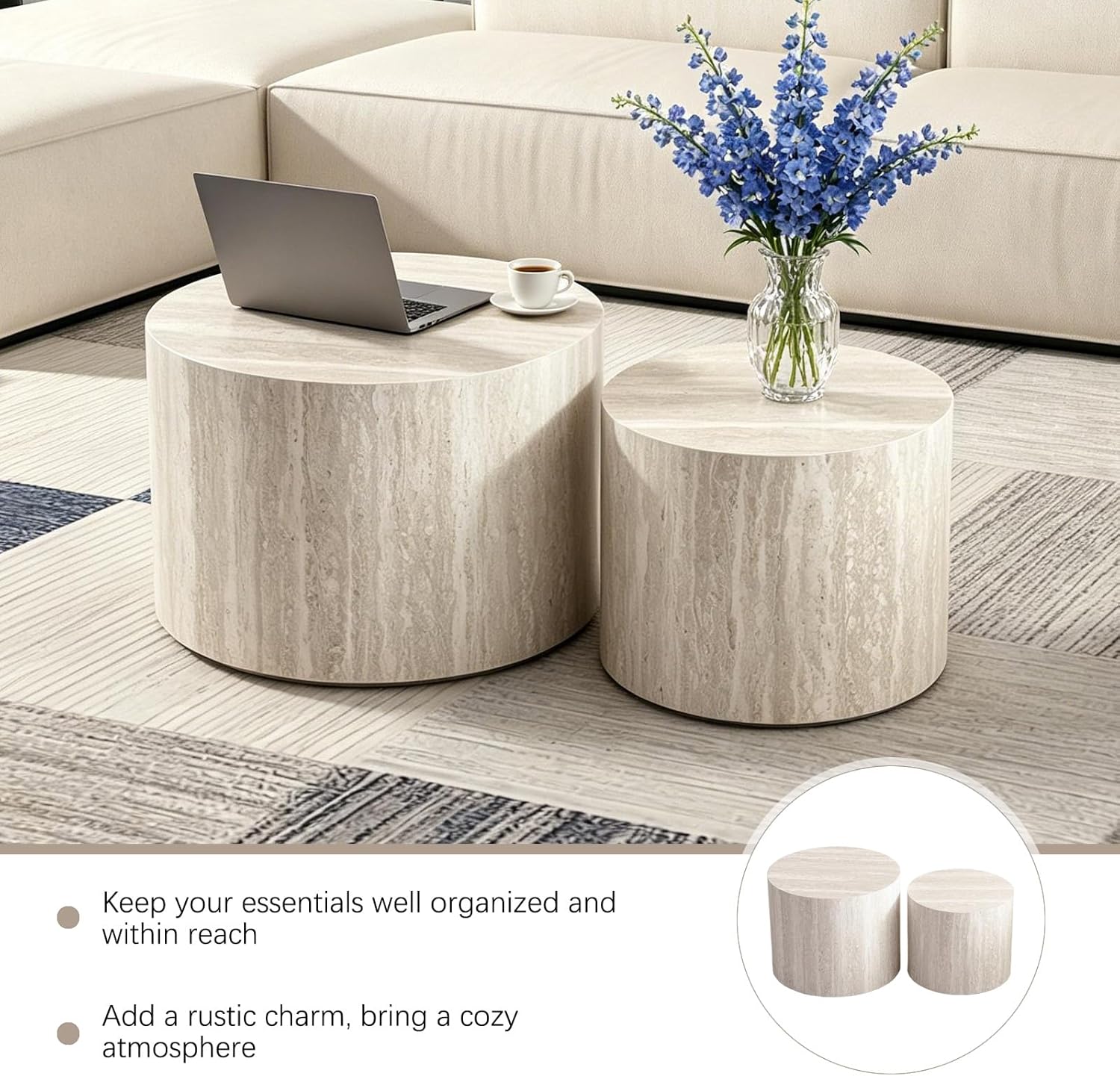 Modern Nesting Coffee Table Set of 2 Round Travertine Finish Nesting Tables Sofa Side Table Small End Table for Living Room, Small Space, No Assembly Required (Grey Travertine)