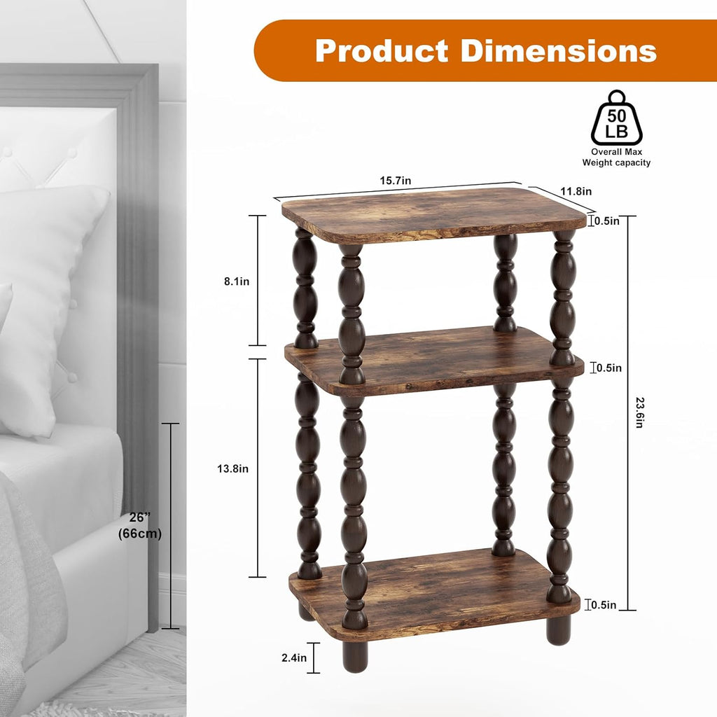 Retro End Table, 3-Tier Small Side Table, Narrow Couch Side Table for Small Spaces, Farmhouse End Table, Modern Accent Table, Skinny Bedside Table Nightstand for Bedroom, Living Room (Rustic Brown)