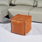 Pouf Ottoman, Unstuffed Pouf Cover, Handmade Faux PU Leather Moroccan, Orange Brown 17.7" Square, Foot Rest for Living Room, Floor Chair Gifts for Men Women, (Only Cover)