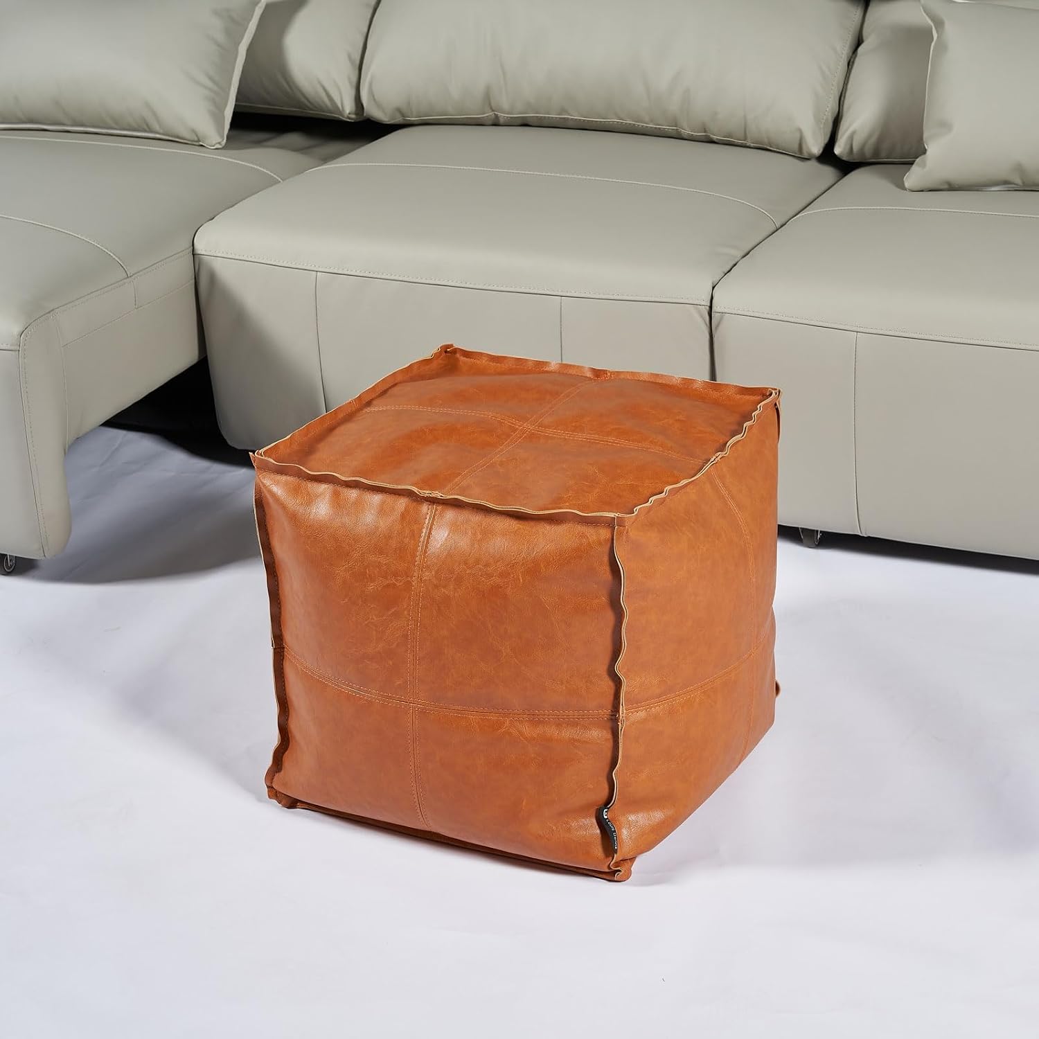 Pouf Ottoman, Unstuffed Pouf Cover, Handmade Faux PU Leather Moroccan, Orange Brown 17.7" Square, Foot Rest for Living Room, Floor Chair Gifts for Men Women, (Only Cover)