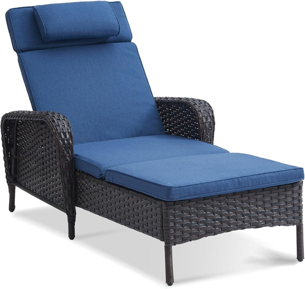 Belord Wicker Outdoor Chaise Lounge Patio Recliner - 75 Inch Adjustable Chaise Lounge with Soft Pillow Removable Cushions, All Weather Rattan Pool Lounge Chair for Poolside Deck Brown/Blue
