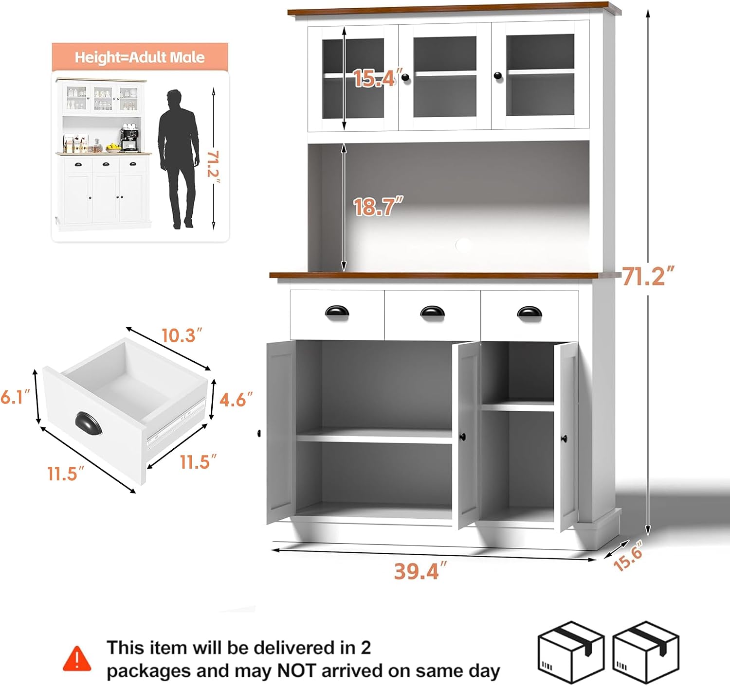 MU 71" Kitchen Pantry Cabinet with Charging Station, Tall Pantry Hutch with Drawers, Countertop & Microwave Shelf, Food Storage Cabinet for Dining Room & Coffee Bar, White
