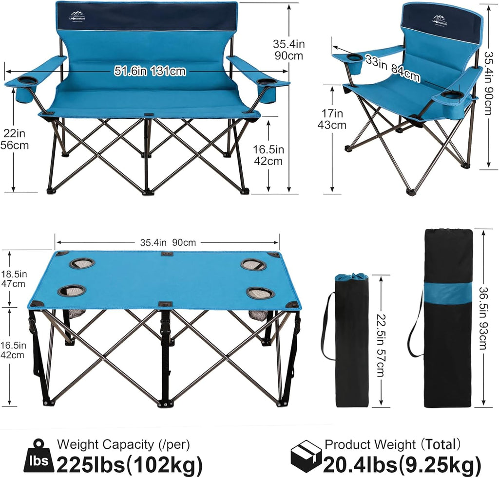 Oversized 4 Pcs Camping Chair Set with Table,Outdoor Folding Heavy Duty Lawn Chair,Cup Holder,Portable,Loveseat Chair Perfect for Family Hiking,Picnics and Beach Trips,Light Blue