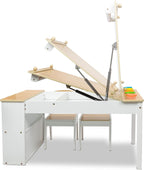 Milliard Kids Art Table Set with Chairs for Playroom, Toddler Craft and Play Wood Activity Table with Storage Bins and Paper Roll (Wood and White)