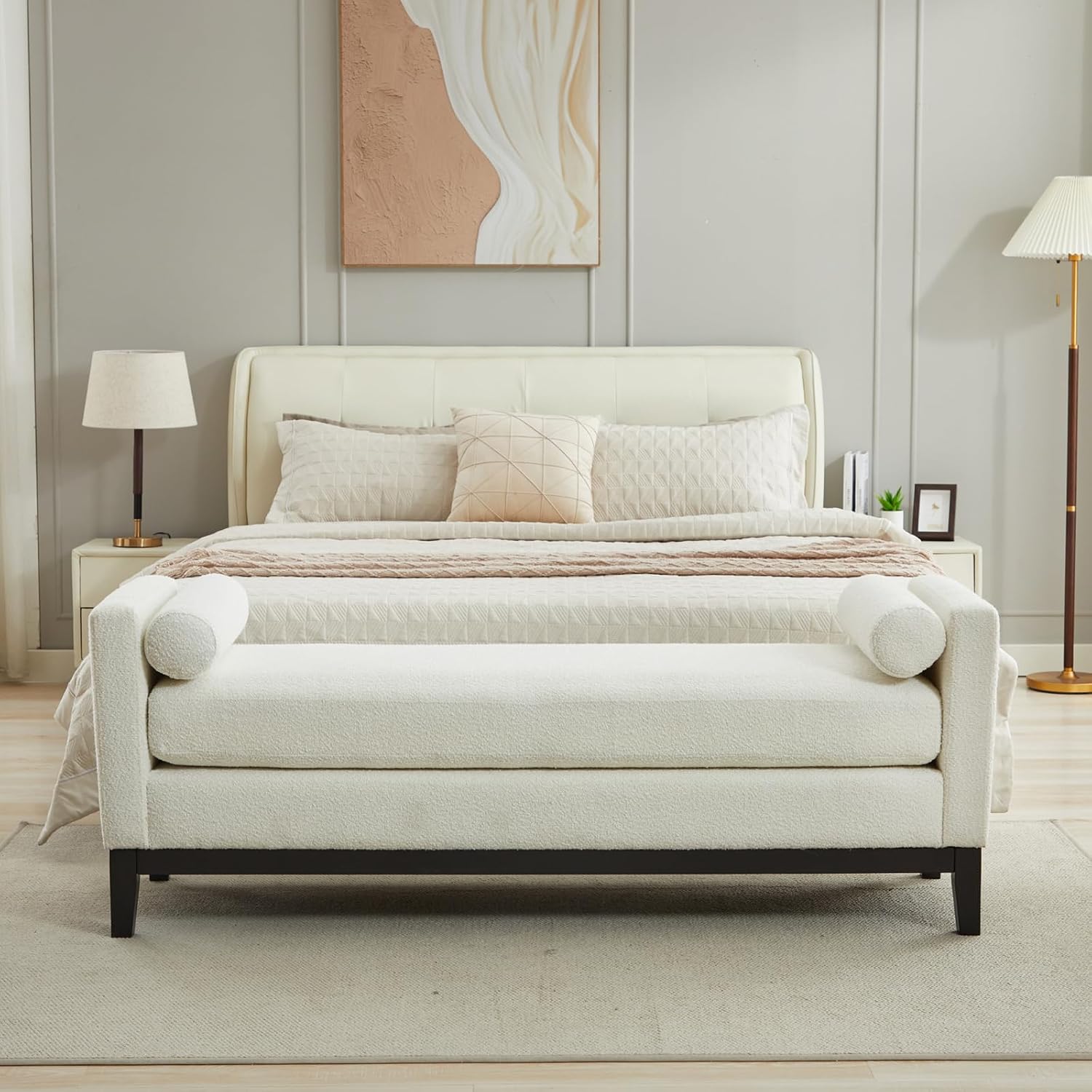 End of Bed Bench for Bedroom, 66.34'' Boucle Fabric Long King Size Bench with Black Legs for Entryway, Hallway, Cloakroom, Window Bench (White).