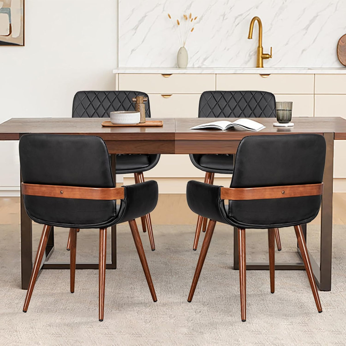LUNLING Mid Century Modern Faux Leather Dining Chairs Set of 2, Black, Upholstered Seat, Metal Legs, Adjustable Foot for Kitchen Dining Room Desk Chairs