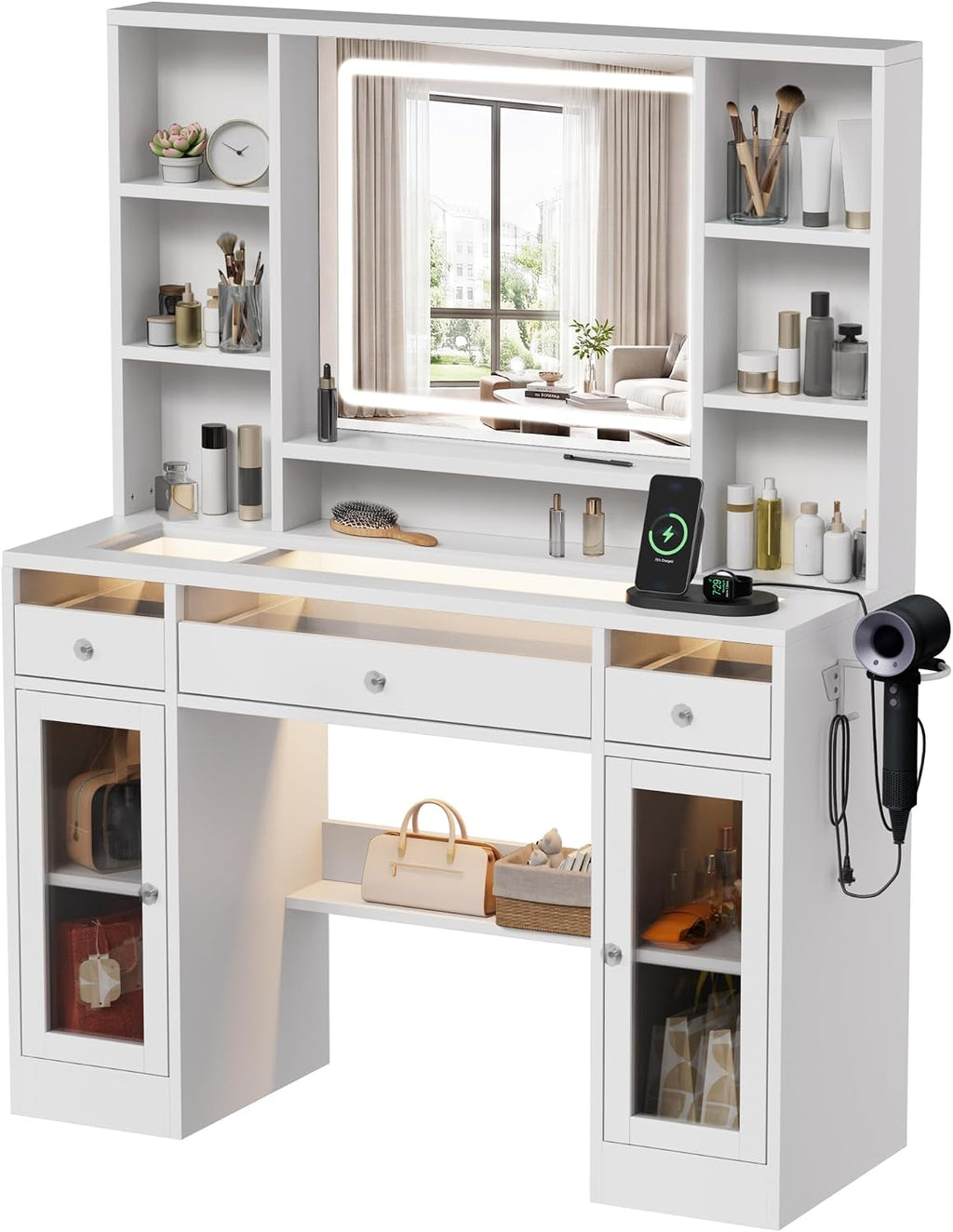 LIVELYGLOW 43.3" White Large Makeup Vanity Desk with Glass Top & RGB Lights