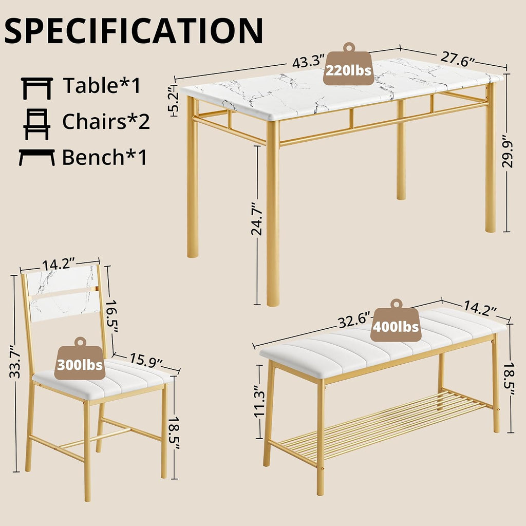 IRONCK Dining Table Set for 4, Kitchen Table and Chairs Set, White & Gold | Kitchen Table with Upholstered Bench and 2 Chairs for Small Space, Apartment