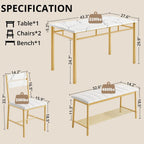 IRONCK Dining Table Set for 4, Kitchen Table and Chairs Set, White & Gold | Kitchen Table with Upholstered Bench and 2 Chairs for Small Space, Apartment