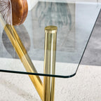 71" Glass Gold Dining Table for 6-8, Modern Dining Room Table with 0.39" Tempered Glass Top and 6 Metal Round Tube Legs, Rectangle Kitchen Dinner Table for Dining Room