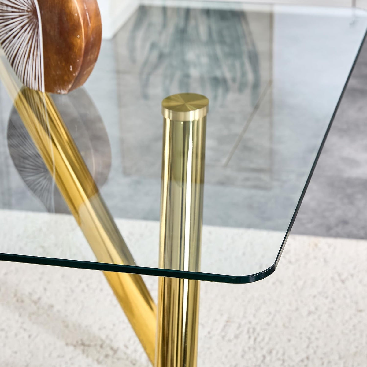 71" Glass Gold Dining Table for 6-8, Modern Dining Room Table with 0.39" Tempered Glass Top and 6 Metal Round Tube Legs, Rectangle Kitchen Dinner Table for Dining Room