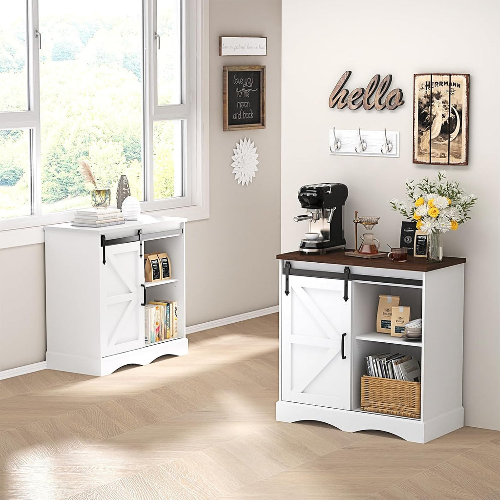 HOMFAMILIA 31.5" H Farmhouse Coffee Bar Cabinet w/Storage, White Kitchen Coffee Station with Sliding Barn Door, Rustic Buffet Cabinet with Adjustable Shelves, for Kitchen, Living Room, White