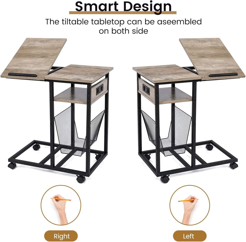 FLYJOE End Table C Shape with Charge Station, Tilting Top Side Table with Magazine Holder and Lockable Wheels, Easy Assembly for Living Room, Bedroom, Industrial Style, Grey