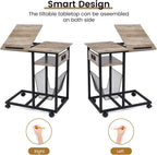 FLYJOE End Table C Shape with Charge Station, Tilting Top Side Table with Magazine Holder and Lockable Wheels, Easy Assembly for Living Room, Bedroom, Industrial Style, Grey