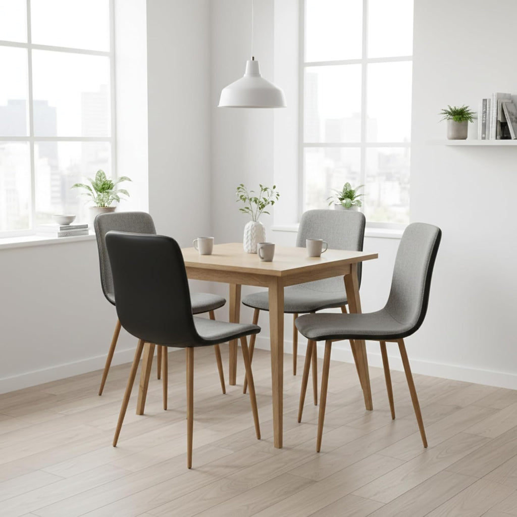 FurnitureR Dining Chairs Set of 4, Fabric Cushion Side Chairs Mid-Back with PU Back and Oak Metal Legs for Kitchen, Dining Room, or Living Area, Grey/Black