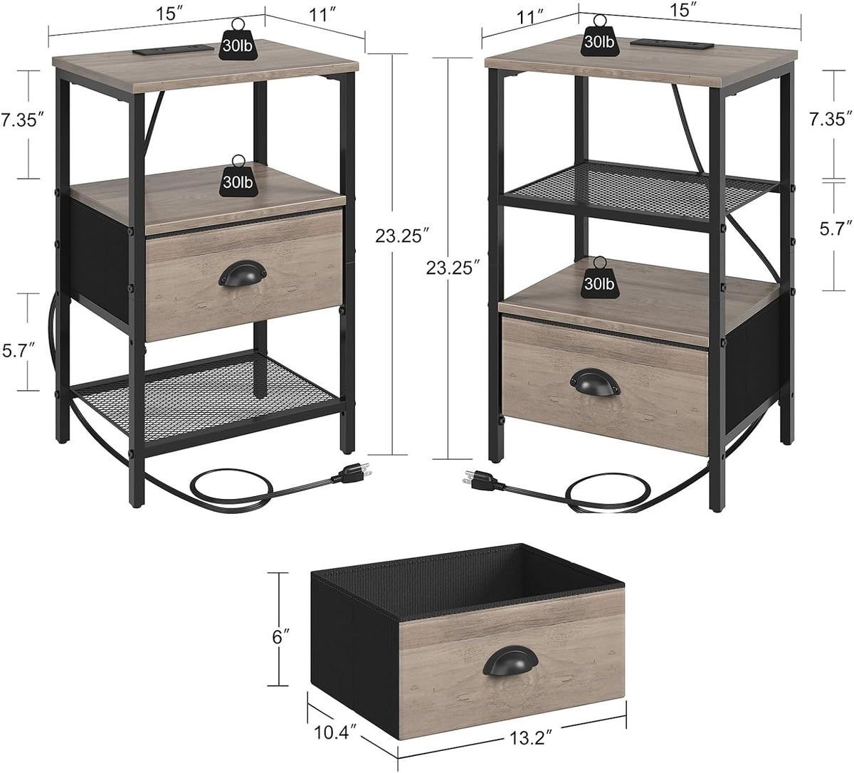 sthmec Nightstands Set of 2, Night Stands with Charging Station and Fabric Drawer, Grey Bedside Tables with Drawers, 2- Tier Side Table with Storage, Nightstands with Charging Station,Grey