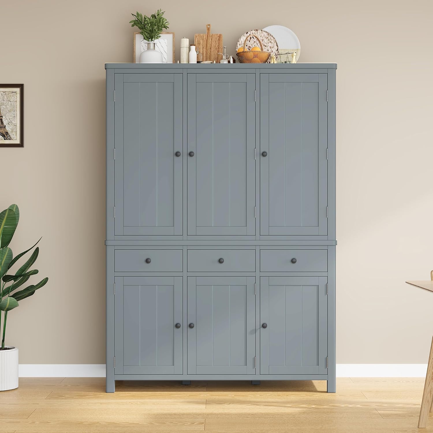 Harper & Bright Designs Kitchen Pantry Storage Cabinet with Door Shelves, Adjustable Shelves, Pull-Out Trays and Drawers, Freestanding Cupboard for Kitchen, Dining Room, Living Room,Grey