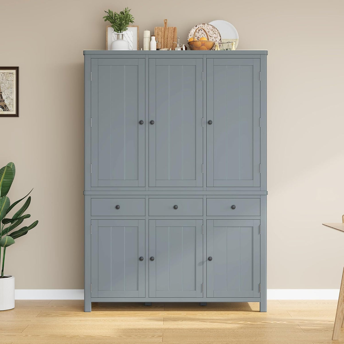 Merax 74.8'' Tall Kitchen Pantry Storage Cabinet with 6 Doors, 3 Drawers and Adjustable Shelves, Freestanding Large Cupboard & Pull-Out Trays for Kitchen, Dining Room, Living Room, Gray