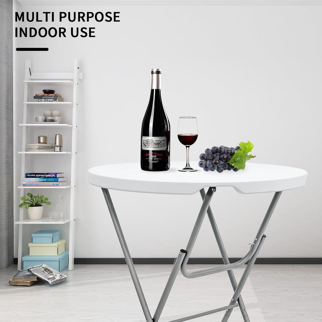 2 PCS - 31.5" L X 31.5" W X 43" H - Cocktail Table White High Top Folding Table, Portable Bar Height Folding Table Round with Detachable Gray Legs