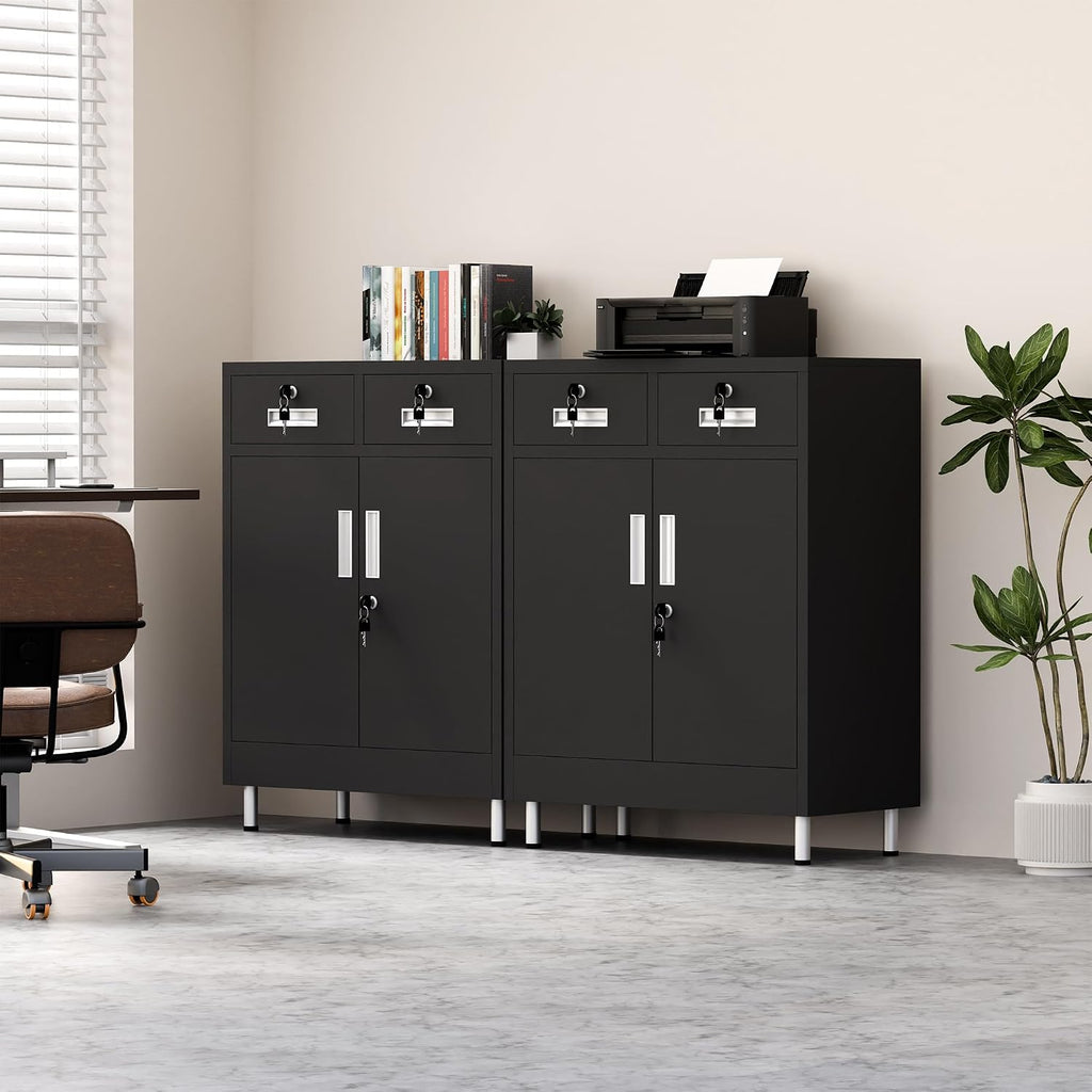 JINGUR Metal Storage Cabinet with Locking Doors and 2 Drawers, Lockable Storage Cabinet with Adjustable Shelf for Home Office Garage Entryway Pantry (Black)