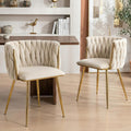 Modern Hand Weaving Dining Chairs Set of 2, Velvet Upholstered Dining Room Chairs with Gold Legs, Elegant Side Chair with Curved Backrest, Accent Chair for Dining Room, Kitchen (Ivory)