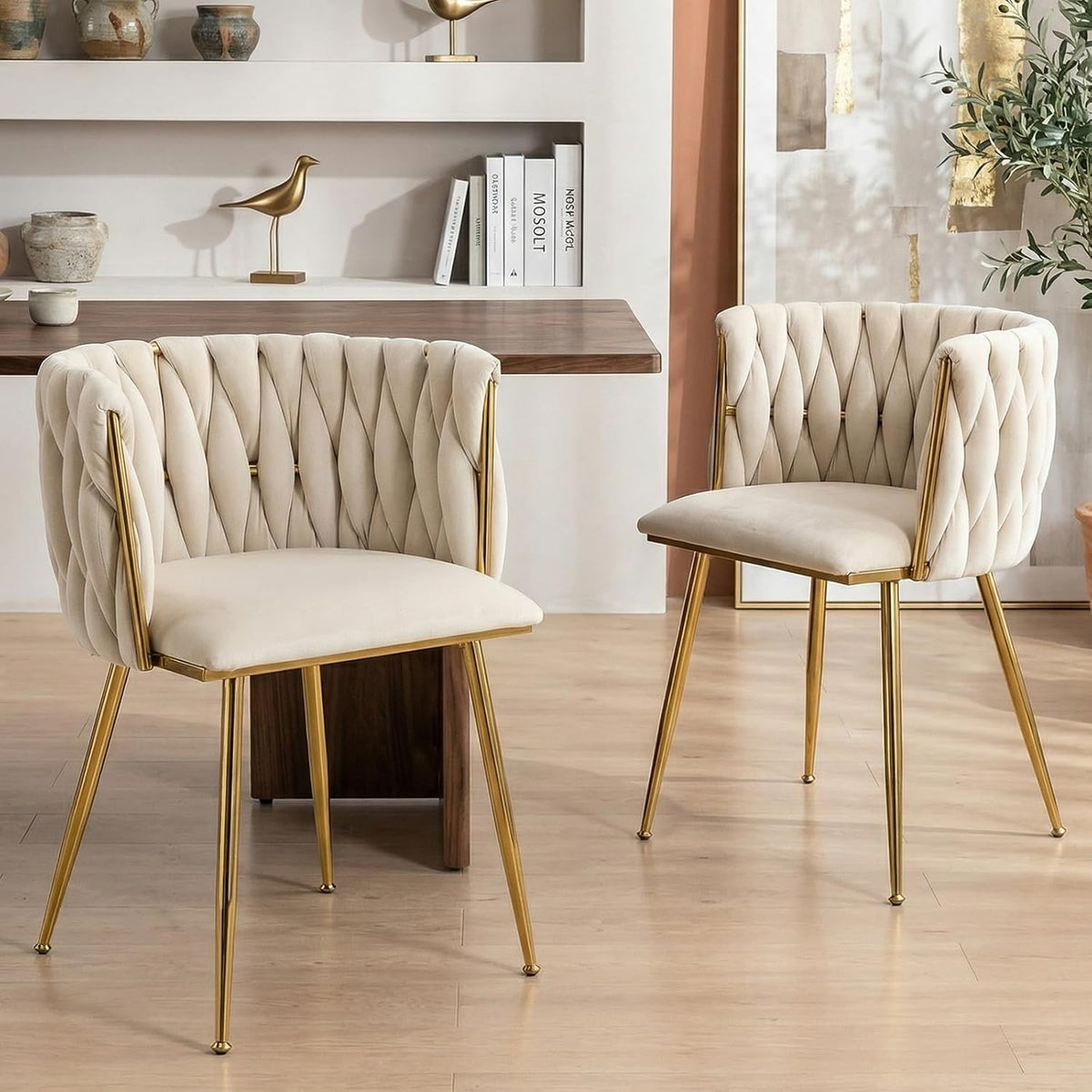 Modern Hand Weaving Dining Chairs Set of 2, Velvet Upholstered Dining Room Chairs with Gold Legs, Elegant Side Chair with Curved Backrest, Accent Chair for Dining Room, Kitchen (Ivory)