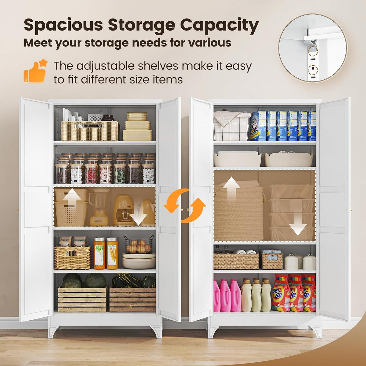 Yizosh Metal Pantry Cabinet, 75" Kitchen Pantry with 2 Door and 4 Adjustable Shelves,White Metal Pantry Storage Cabinet,Cupboard for Kitchen,Dining Room,Living Room and Bathroom