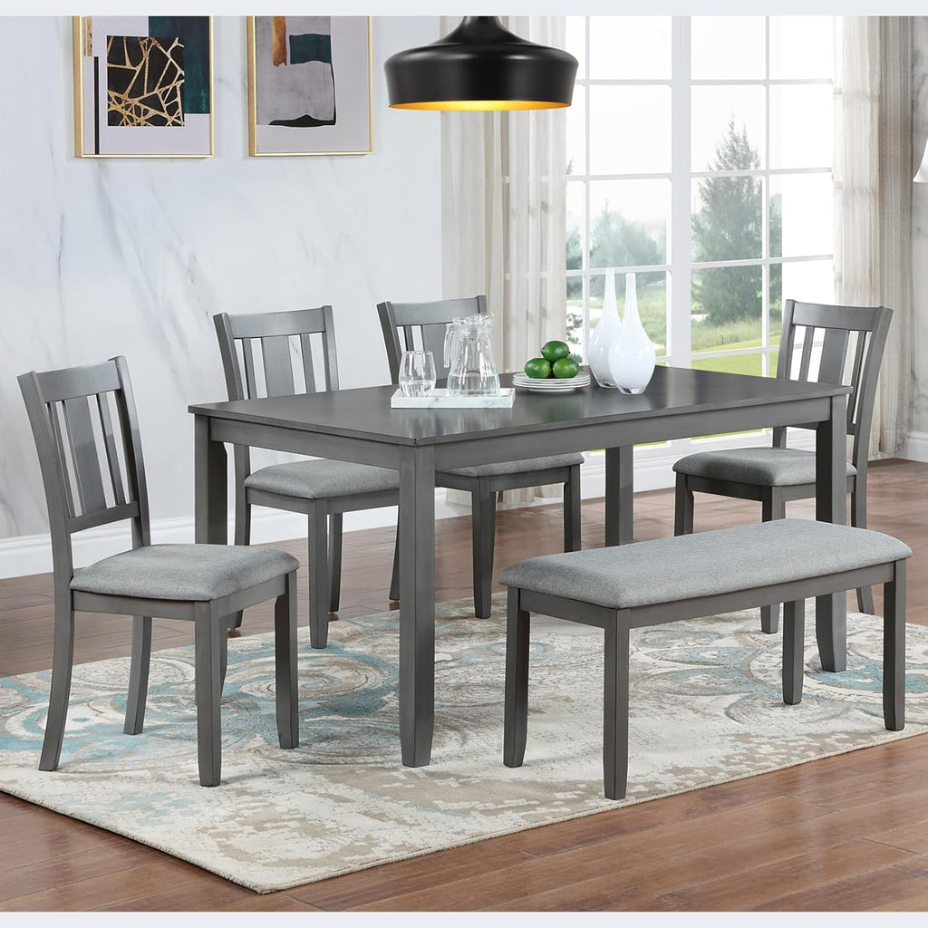 KEIKI 6-Piece Standard Height Dining Table Set with Rectangular Table, 4 Upholstered Slatted Backrset Chair, Bench, for 6 Person, Modern Style Table Set, Easy Assembly, for Kitchen, Dining Room, Gray