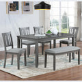 KEIKI 6-Piece Standard Height Dining Table Set with Rectangular Table, 4 Upholstered Slatted Backrset Chair, Bench, for 6 Person, Modern Style Table Set, Easy Assembly, for Kitchen, Dining Room, Gray