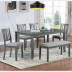 KEIKI 6-Piece Standard Height Dining Table Set with Rectangular Table, 4 Upholstered Slatted Backrset Chair, Bench, for 6 Person, Modern Style Table Set, Easy Assembly, for Kitchen, Dining Room, Gray