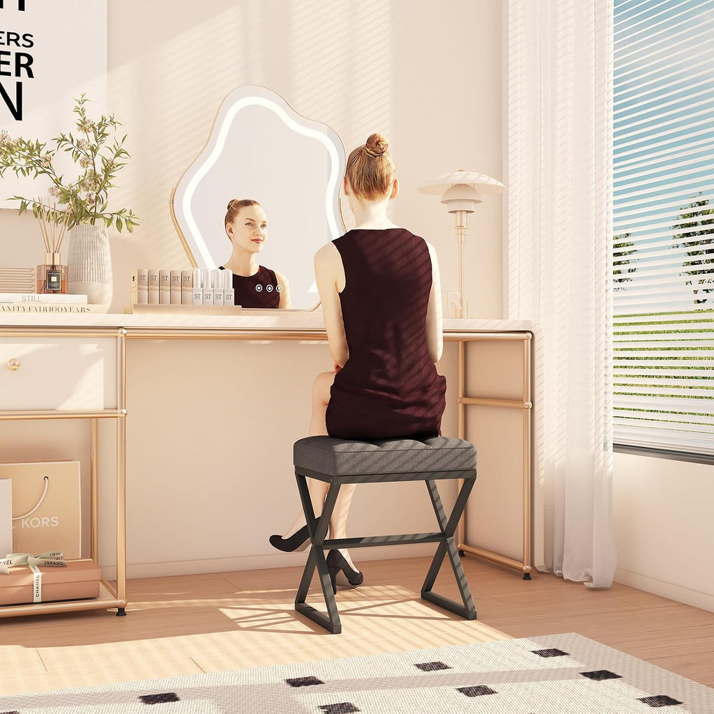 YMYNY Vanity Stool, Linen Footrest, Ottoman Bench with X-Shaped Metal Legs, Makeup Dressing Stool for Vanity, Living Room, Bedroom, Entryway, Hallways 15.74" D×11.81" W×18.11" H Grey UHBD033G