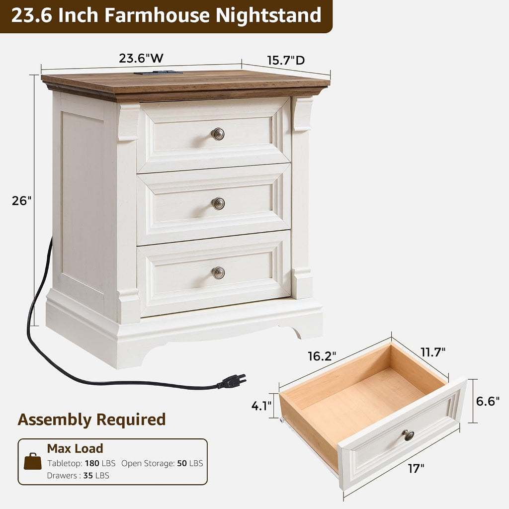 Farmhouse 26"H Nightstand Set of 2, 23.6"W End Table with Charging Station | 3 Drawers Storage, Wood Side Table w/Roman Column, Bedside Cabinet for Bedroom, Living Room, Antique White