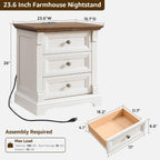 Farmhouse 26"H Nightstand Set of 2, 23.6"W End Table with Charging Station | 3 Drawers Storage, Wood Side Table w/Roman Column, Bedside Cabinet for Bedroom, Living Room, Antique White