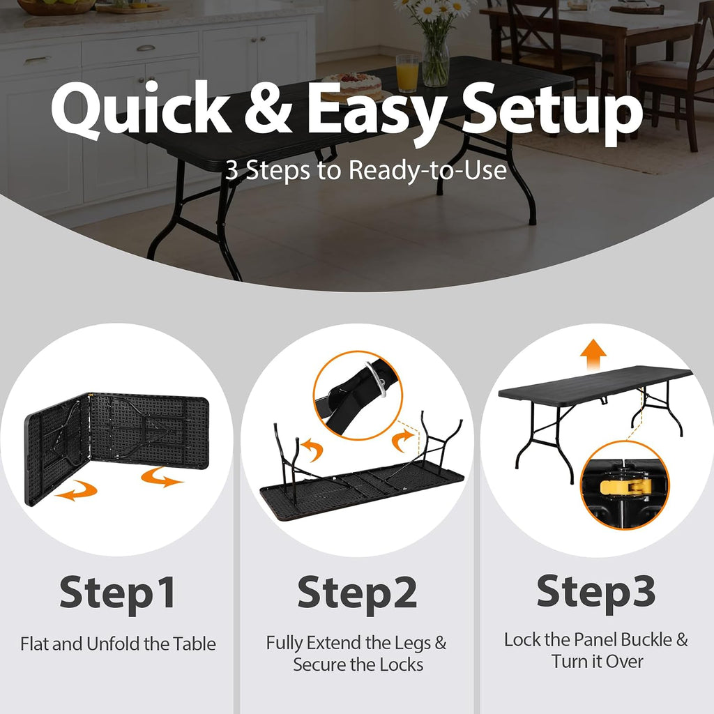 Portable Folding Table, Heavy Duty Plastic Event Picnic Table Indoor Outdoor Camping, 4FT with Handle Lock for Banquet, Black