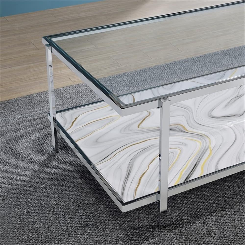 Pemberly Row Contemporary 3-Piece Coffee & End Table Set, Engineered Wood and Chrome, Tempered Glass Tops, Faux-Stone Pattern, Living Room Furniture Set with Storage Shelves