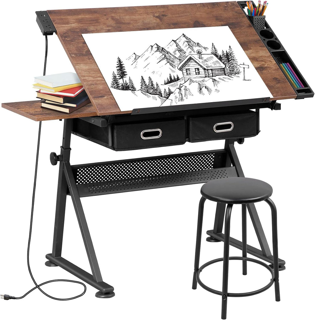SUPER DEAL Drafting Table Set with Charging Station, Height Adjustable Tilting Drawing Desk Artist Desk with Stool Multifunctional Art Craft Workstation with 2 Storage Drawers for Home Office School